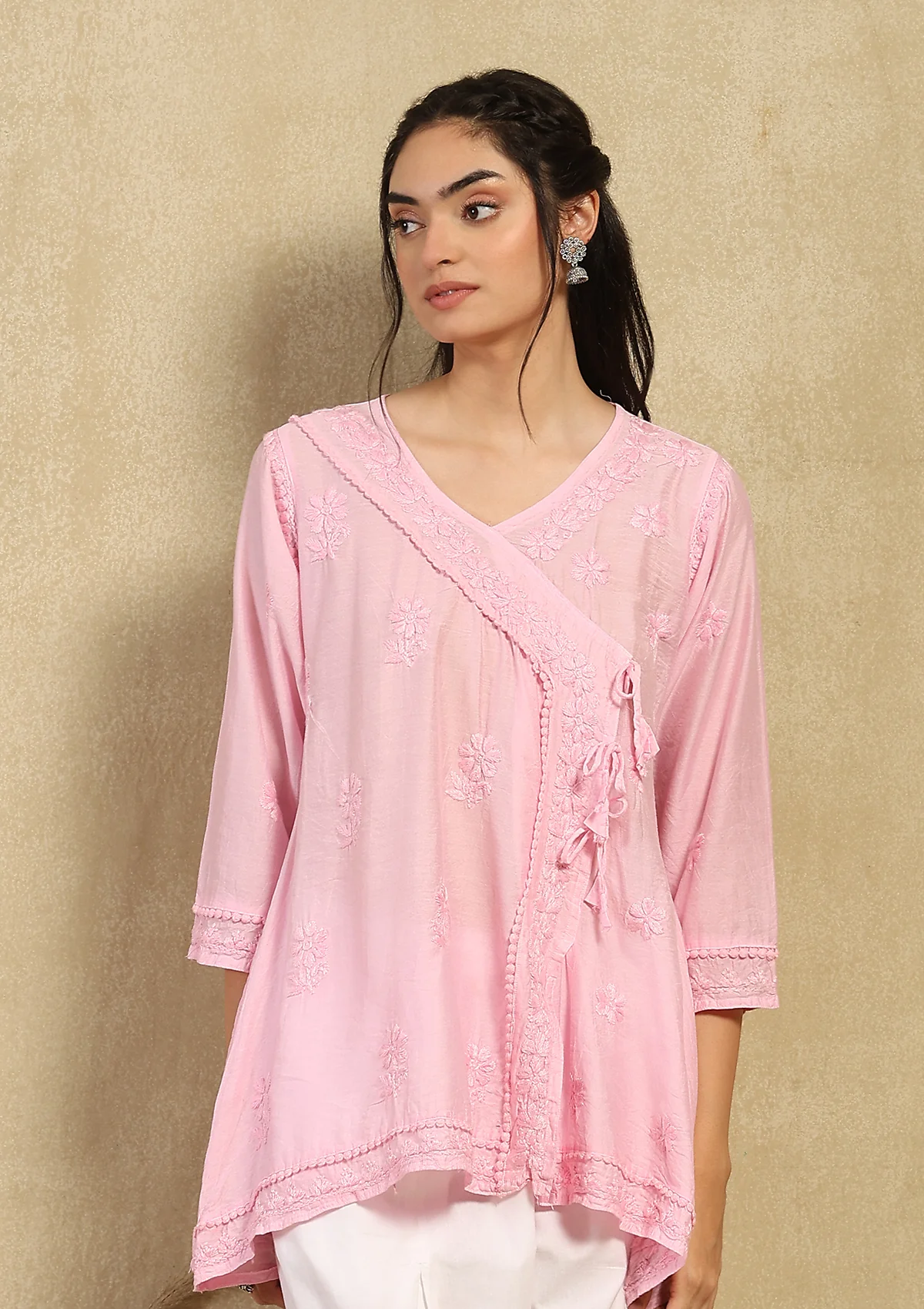 Chanderi Chikankari Solid Women's Angrakha Short Kurta -Pink - Image 3