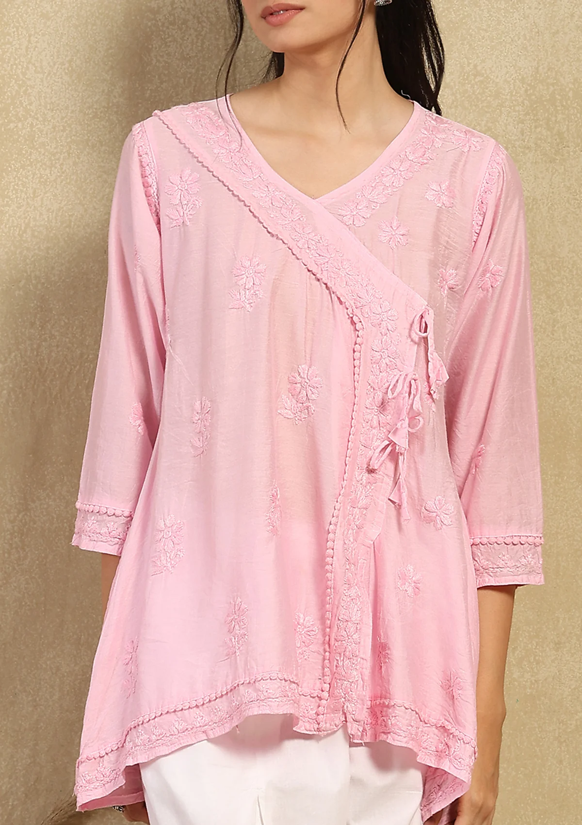 Chanderi Chikankari Solid Women's Angrakha Short Kurta -Pink - Image 4