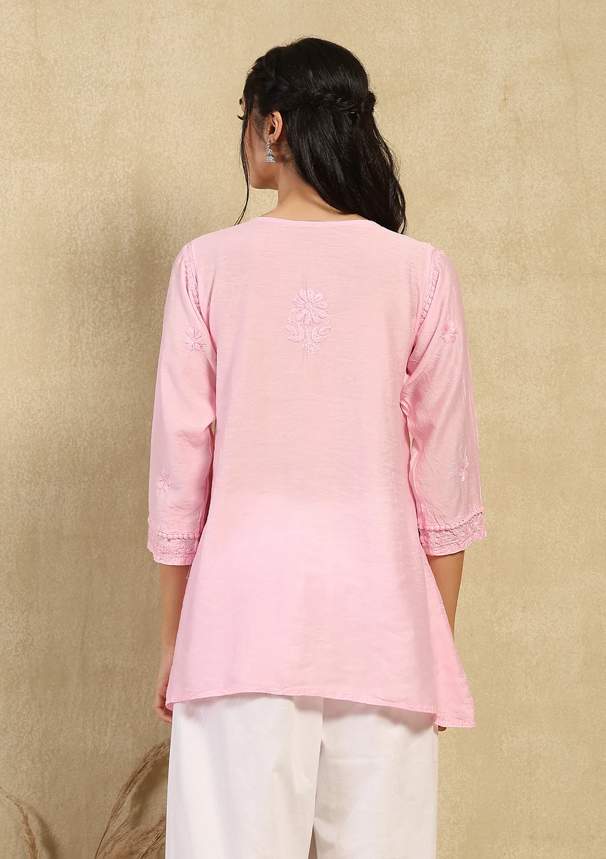 Chanderi Chikankari Solid Women's Angrakha Short Kurta -Pink - Image 7