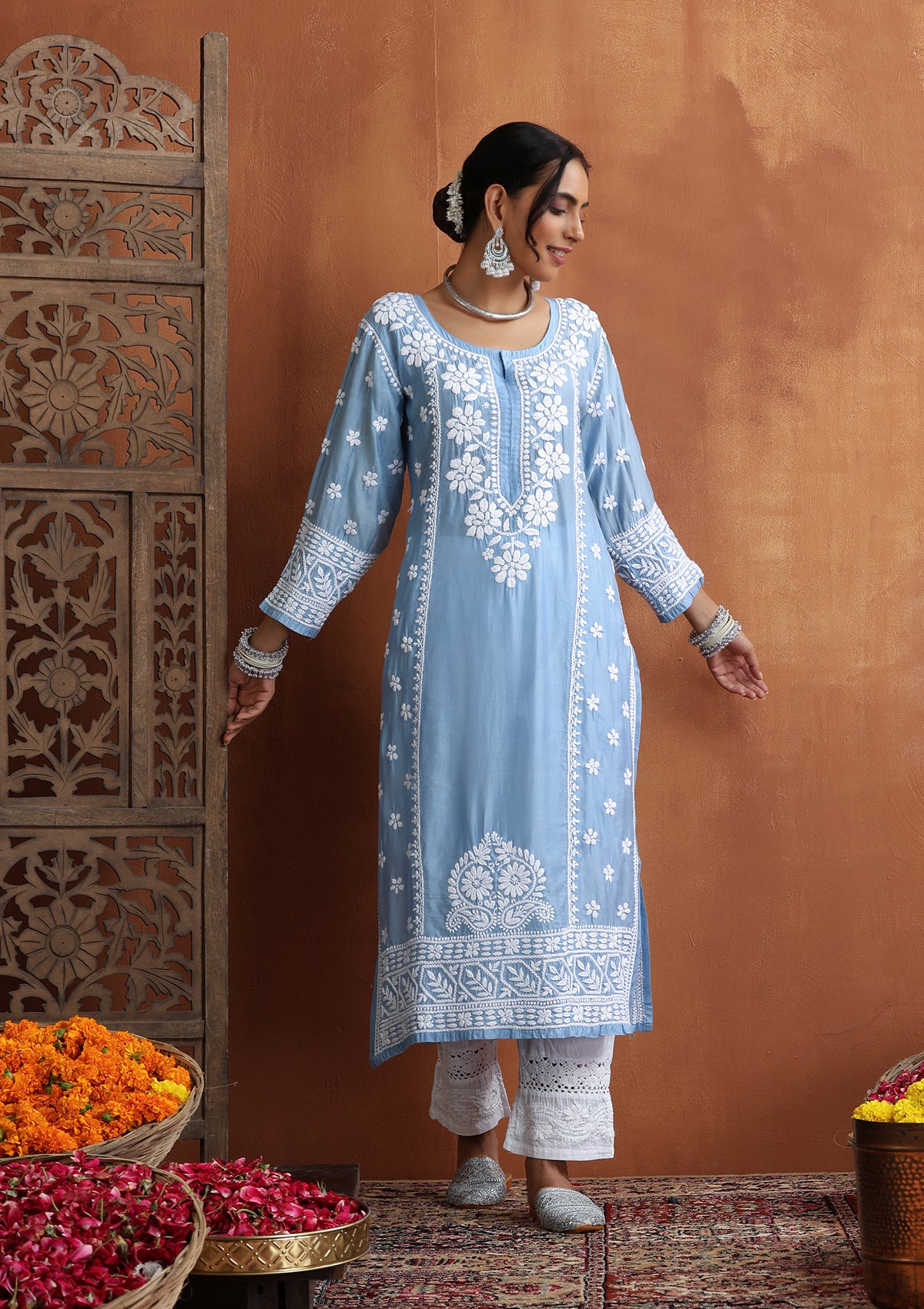 HOC Chanderi Chikankari Solid Women's Long Kurta - Blue