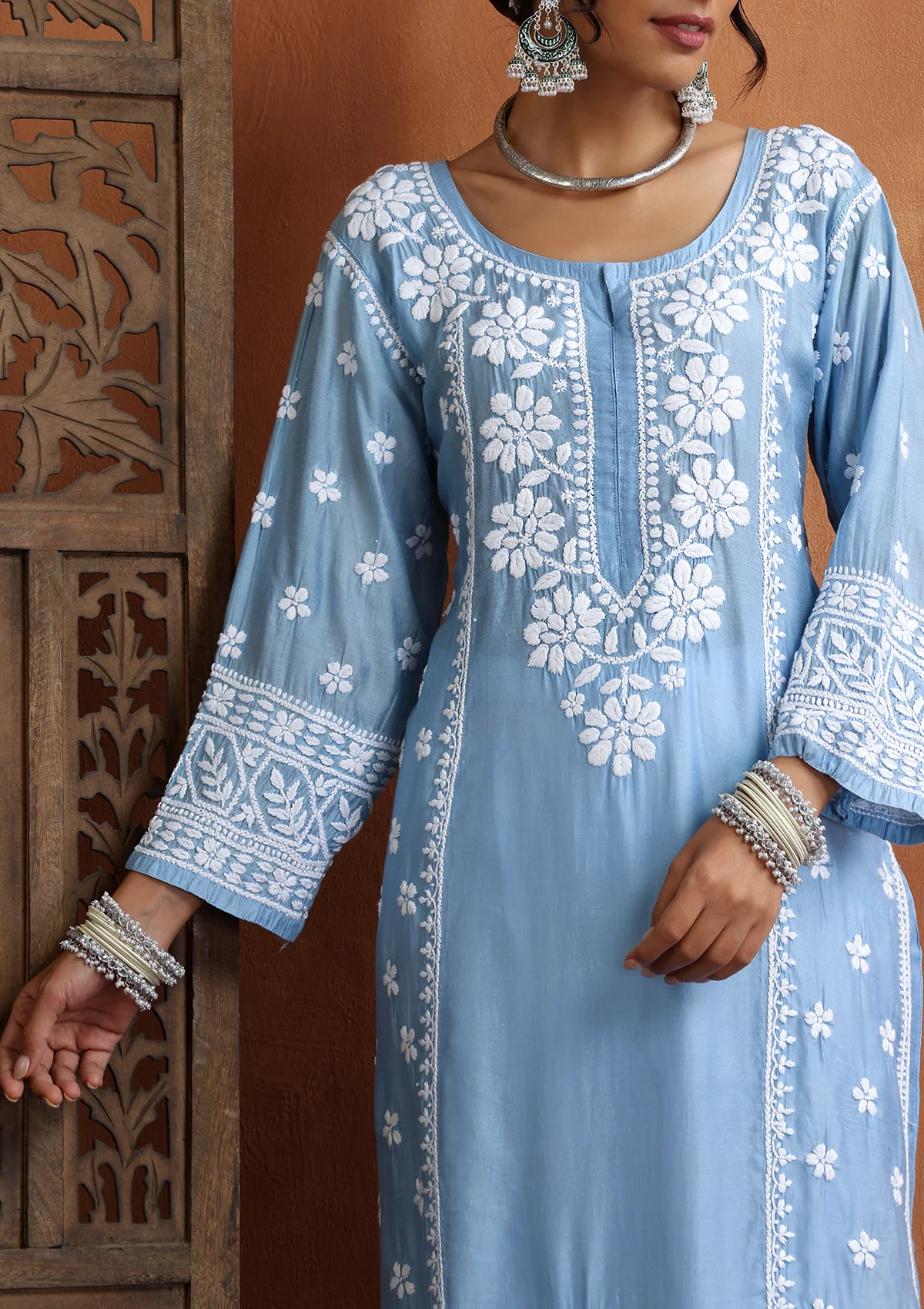 HOC Chanderi Chikankari Solid Women's Long Kurta - Blue - Image 3