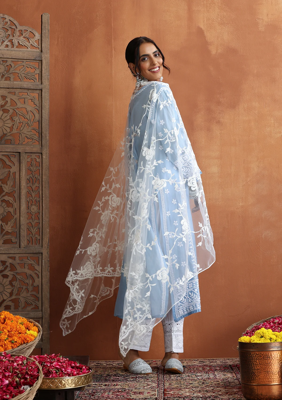 HOC Chanderi Chikankari Solid Women's Long Kurta - Blue - Image 5