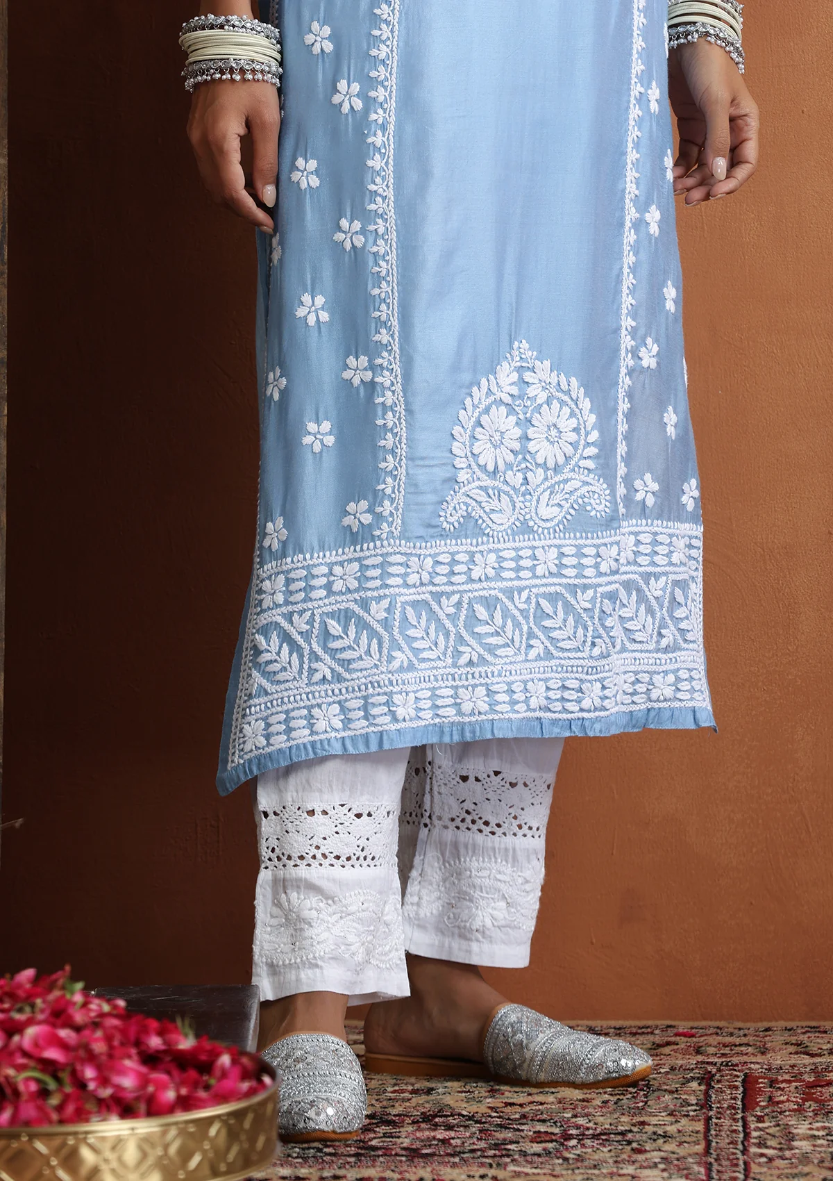 HOC Chanderi Chikankari Solid Women's Long Kurta - Blue - Image 6