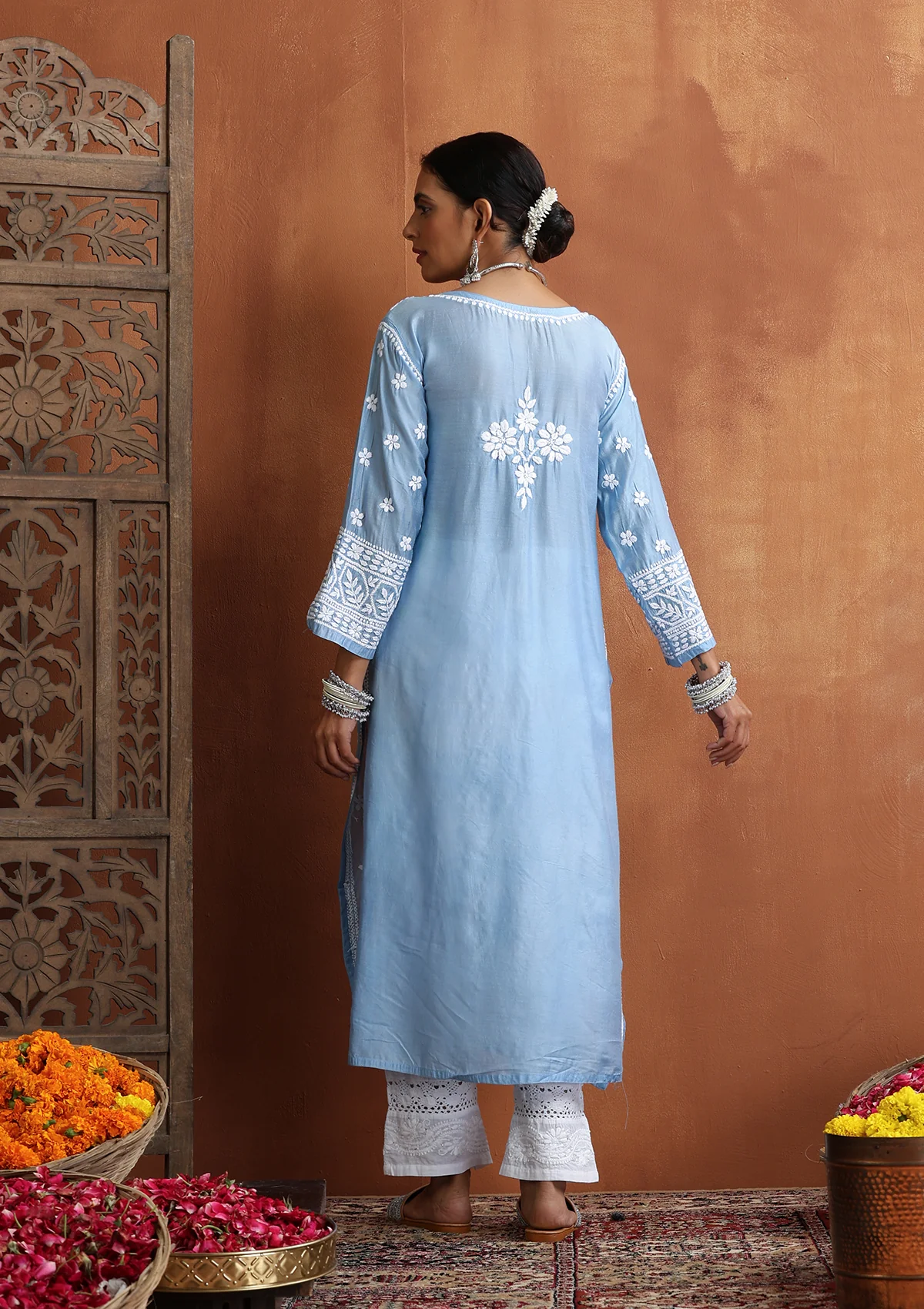 HOC Chanderi Chikankari Solid Women's Long Kurta - Blue - Image 8