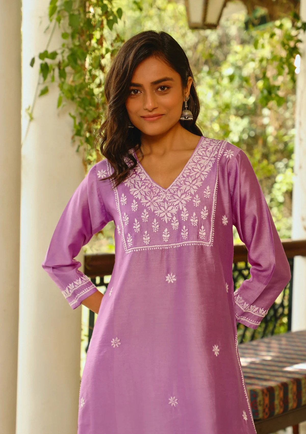 Chanderi Chikankari Solid Women's Long Kurta - Lavender