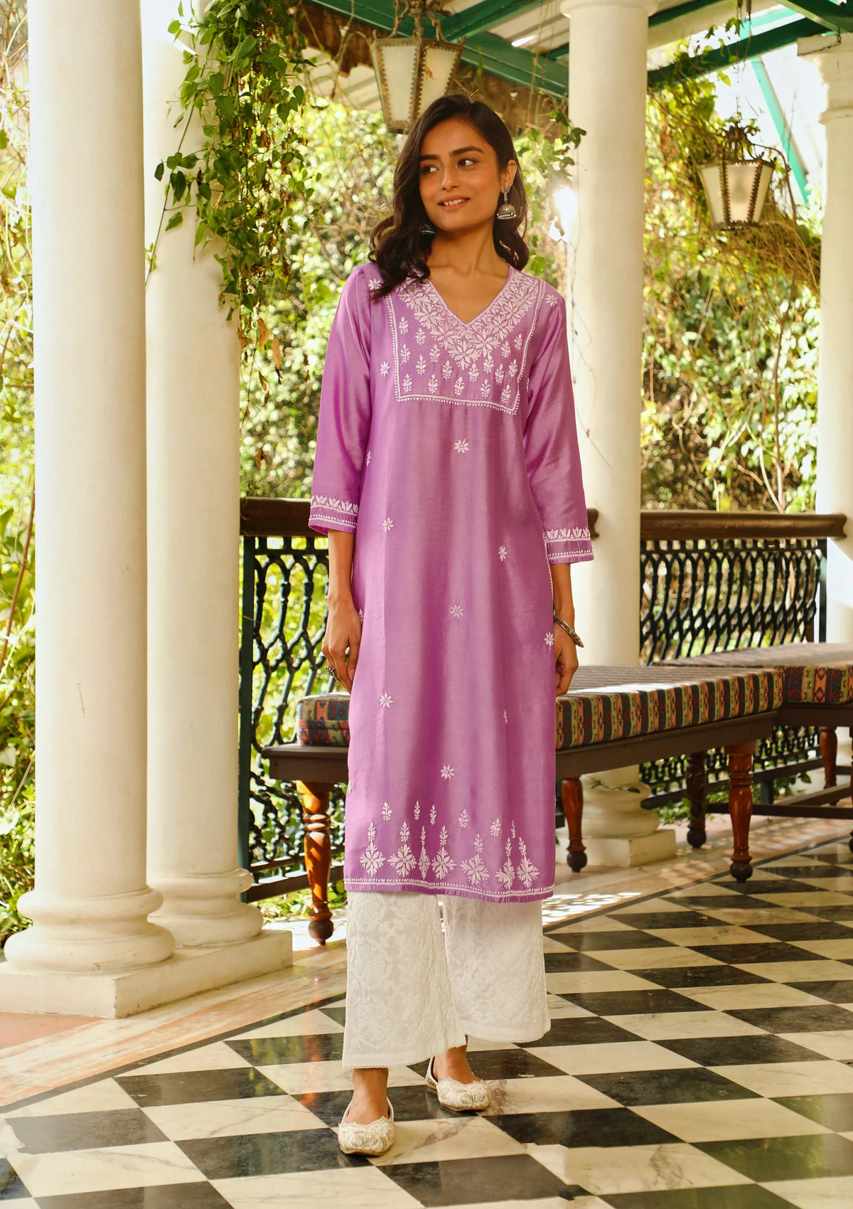 Chanderi Chikankari Solid Women's Long Kurta - Lavender - Image 4