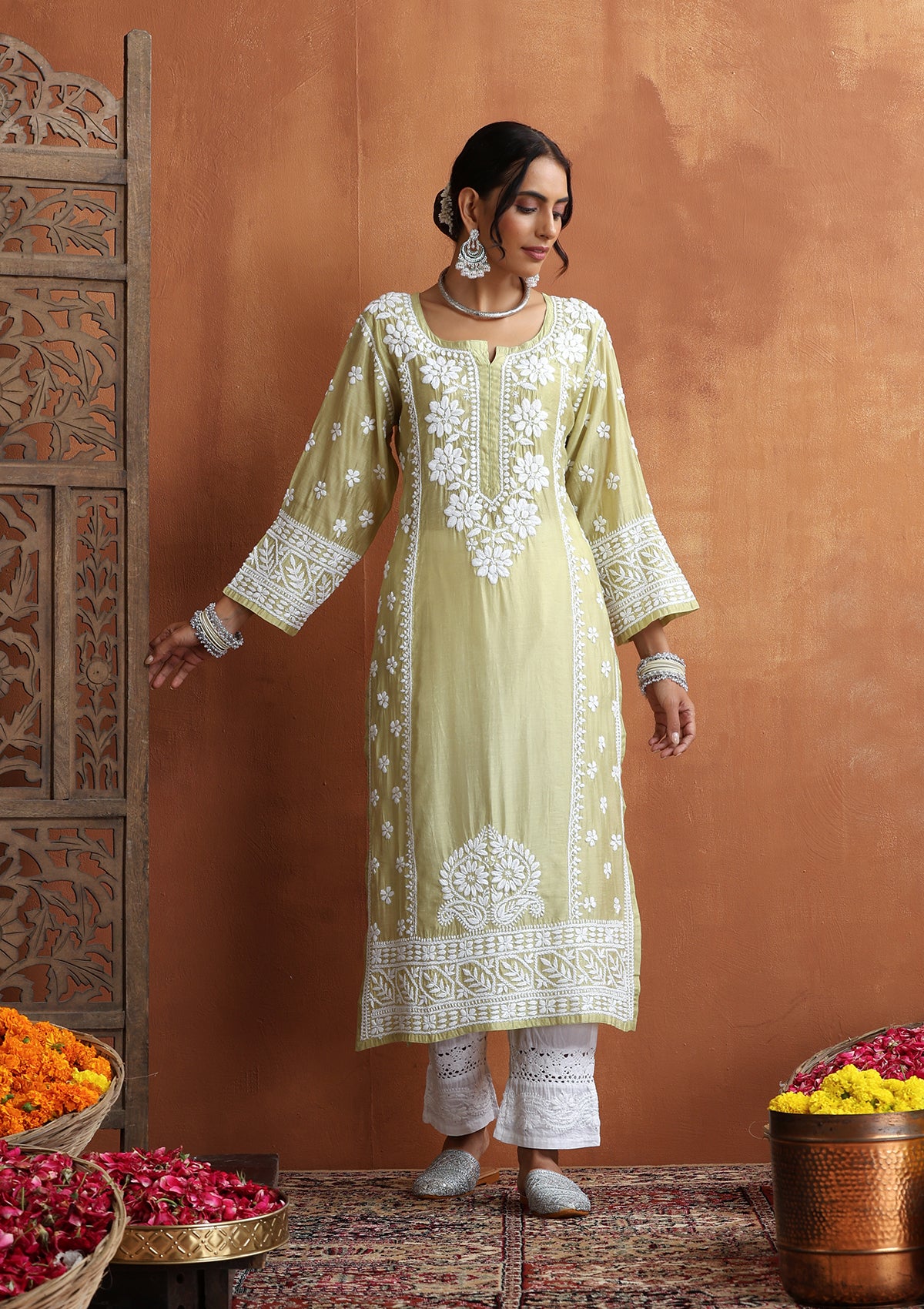 HOC Chanderi Chikankari Solid Women's Long Kurta  - Light Green