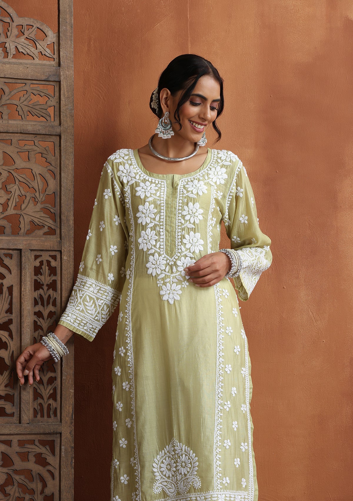 HOC Chanderi Chikankari Solid Women's Long Kurta  - Light Green - Image 2