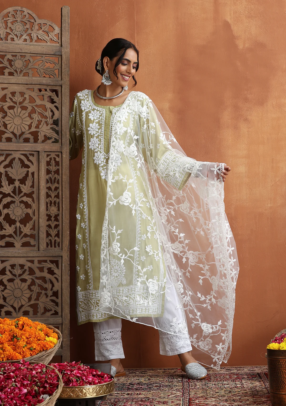 HOC Chanderi Chikankari Solid Women's Long Kurta  - Light Green - Image 3
