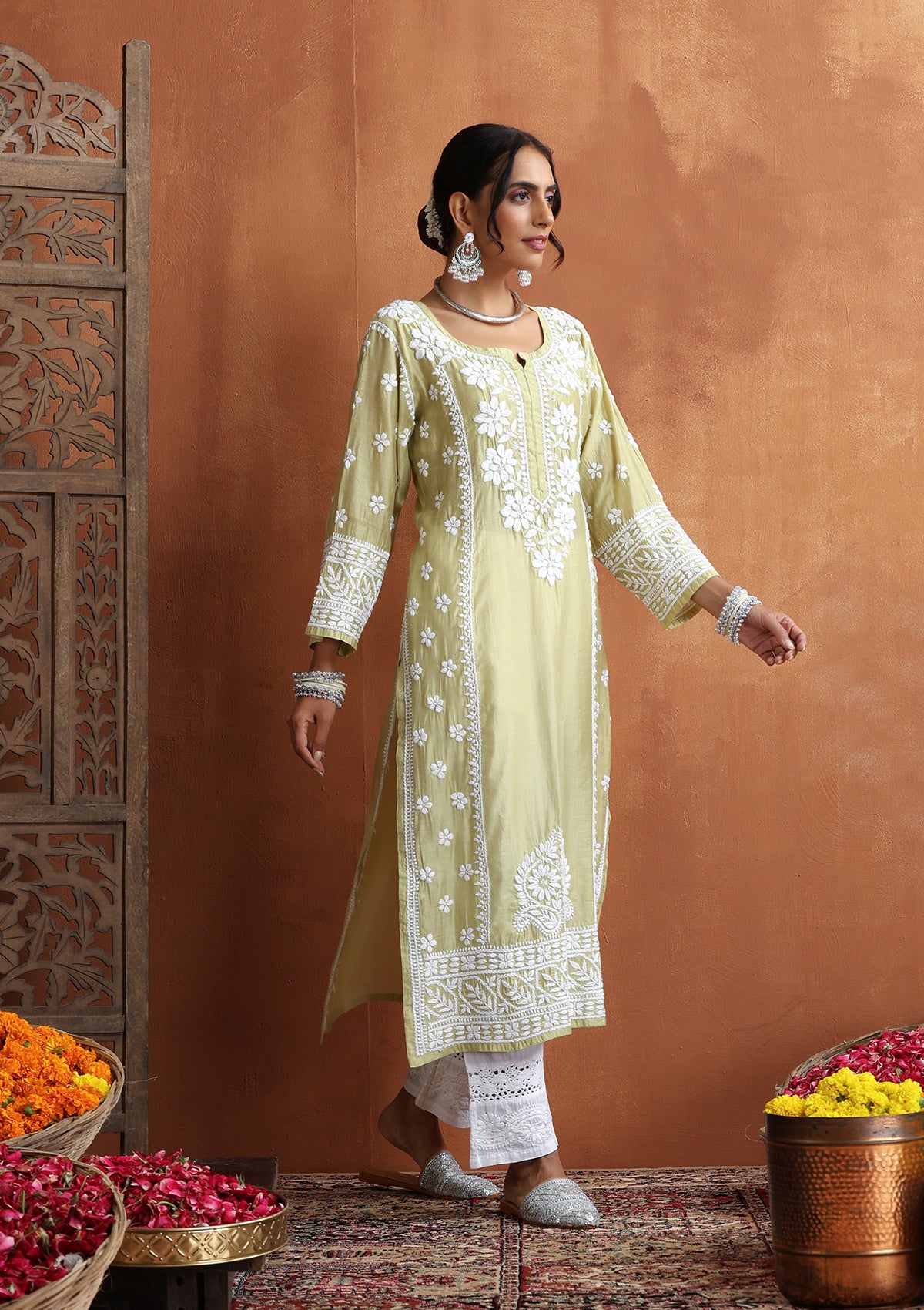 HOC Chanderi Chikankari Solid Women's Long Kurta  - Light Green - Image 4