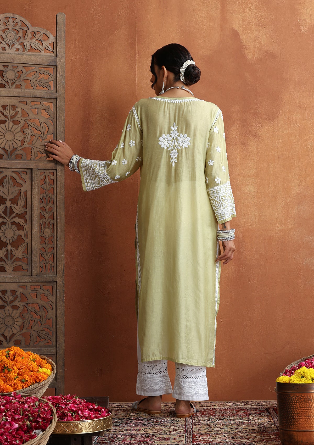 HOC Chanderi Chikankari Solid Women's Long Kurta  - Light Green - Image 7