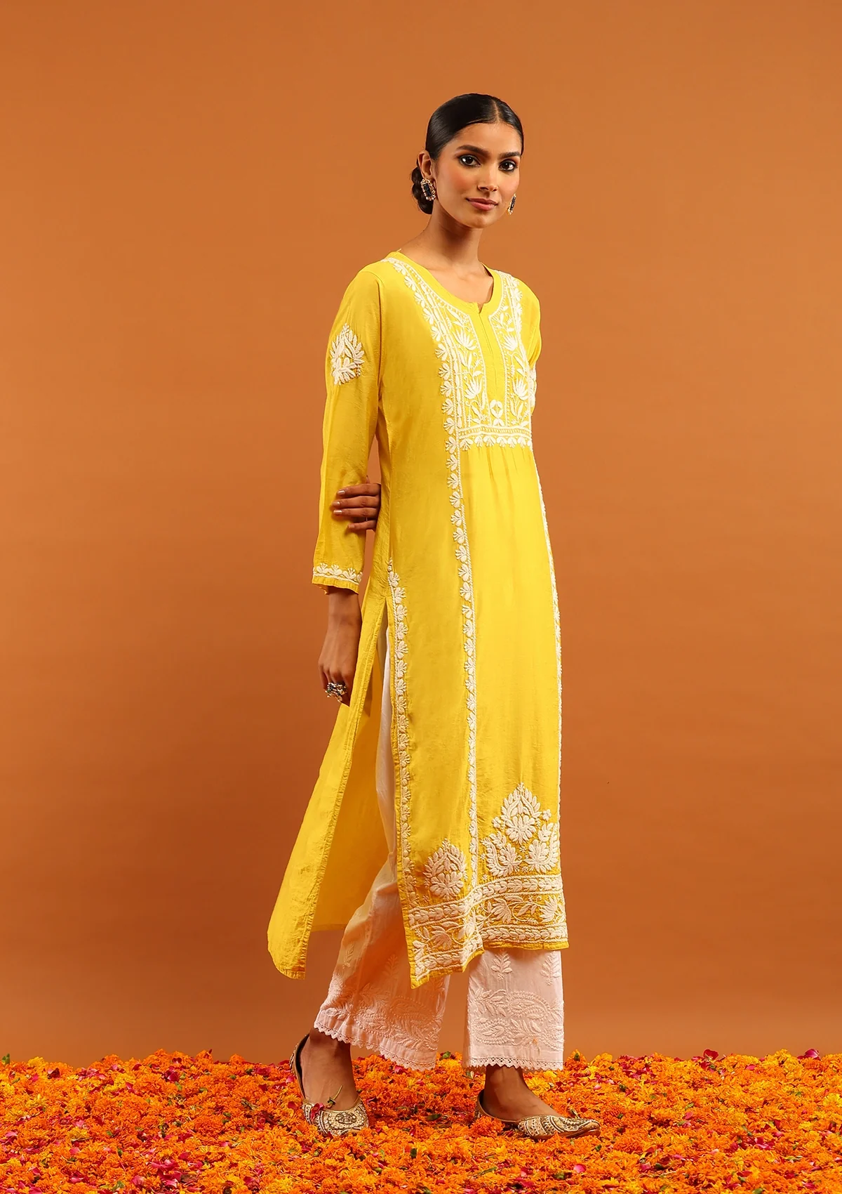 HOC Chanderi Chikankari Solid Women's Long Kurta -Mustard - Image 4