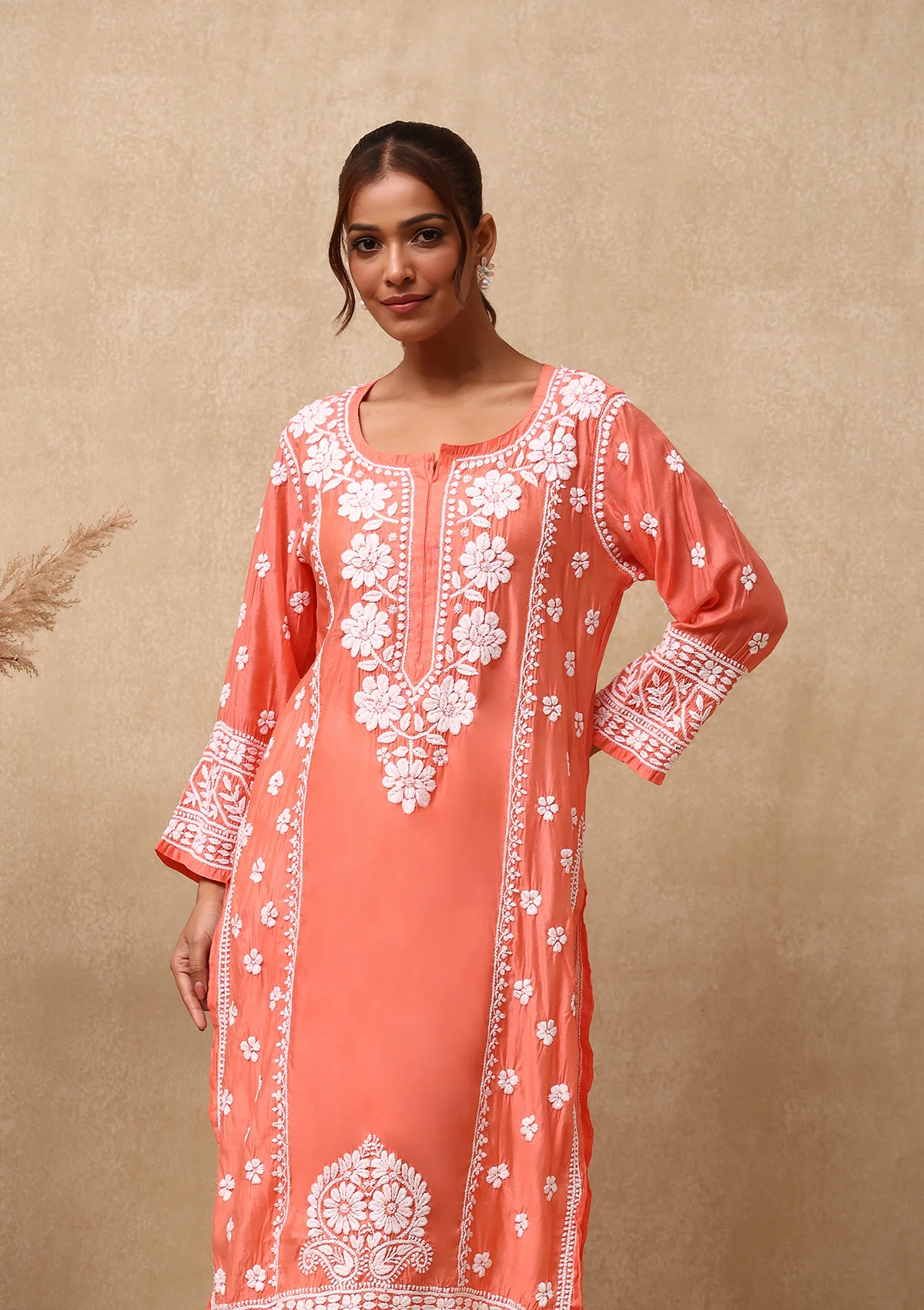 HOC Chanderi Chikankari Solid Women's Long Kurta  - Peach - Image 2