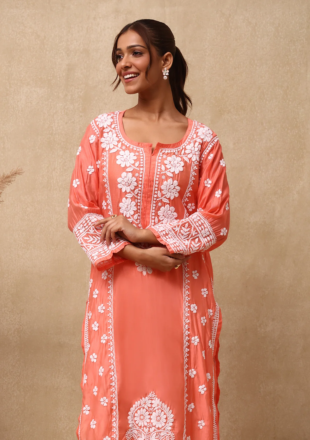 HOC Chanderi Chikankari Solid Women's Long Kurta  - Peach - Image 4