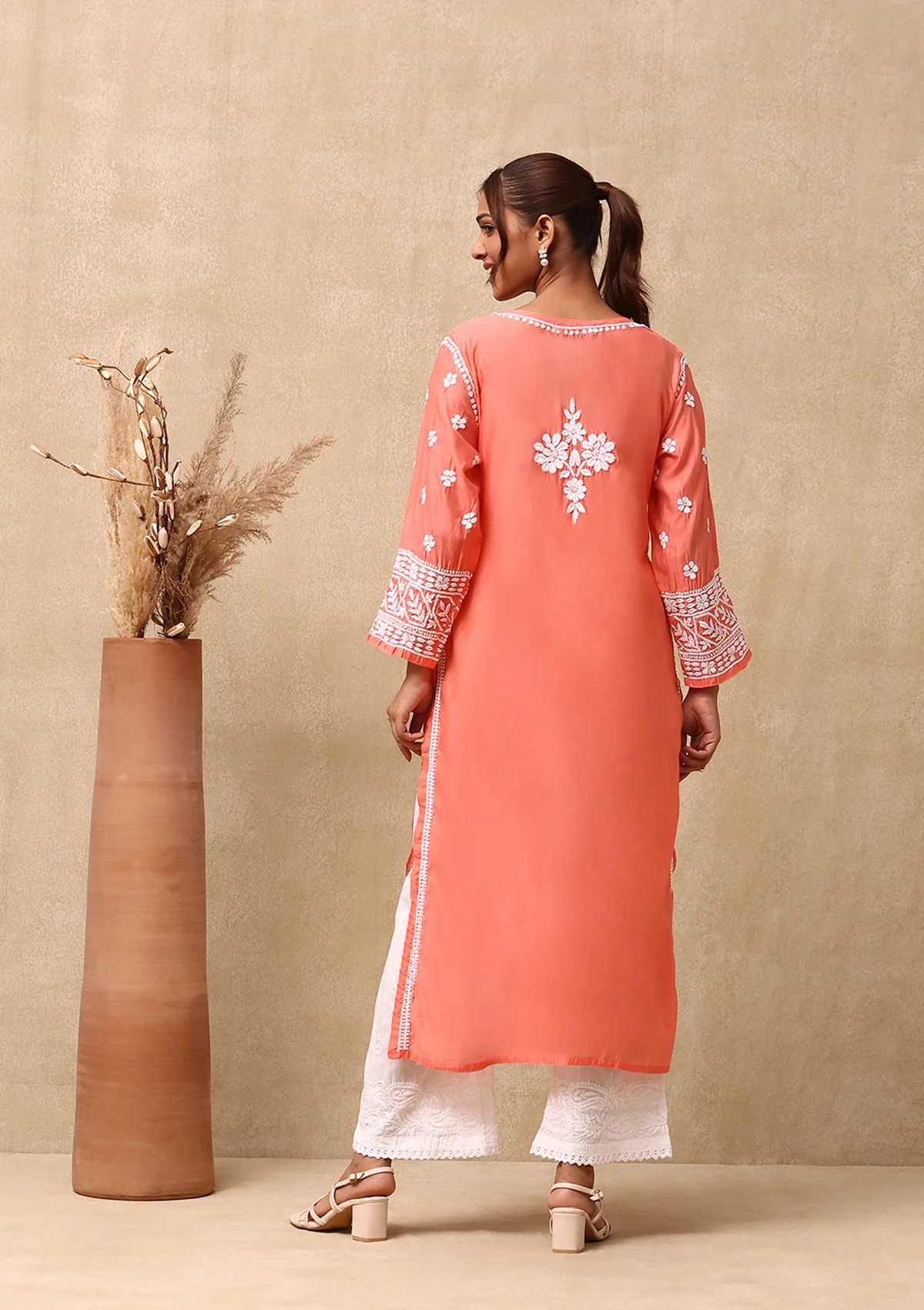 HOC Chanderi Chikankari Solid Women's Long Kurta  - Peach - Image 5