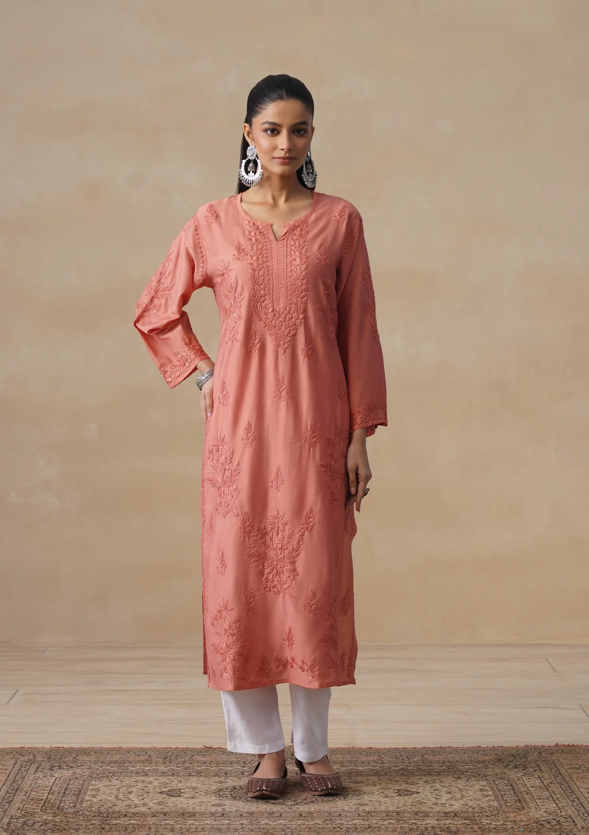 HOC Chanderi Chikankari Solid Women's Long Kurta - Dust Pink