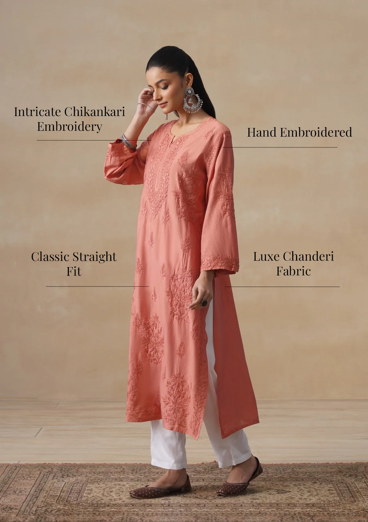 HOC Chanderi Chikankari Solid Women's Long Kurta - Dust Pink - Image 10