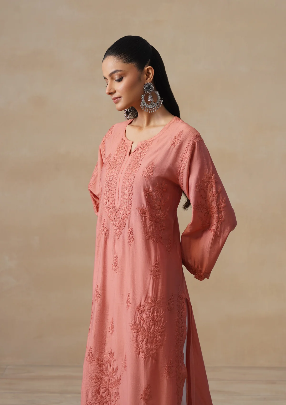 HOC Chanderi Chikankari Solid Women's Long Kurta - Dust Pink - Image 3