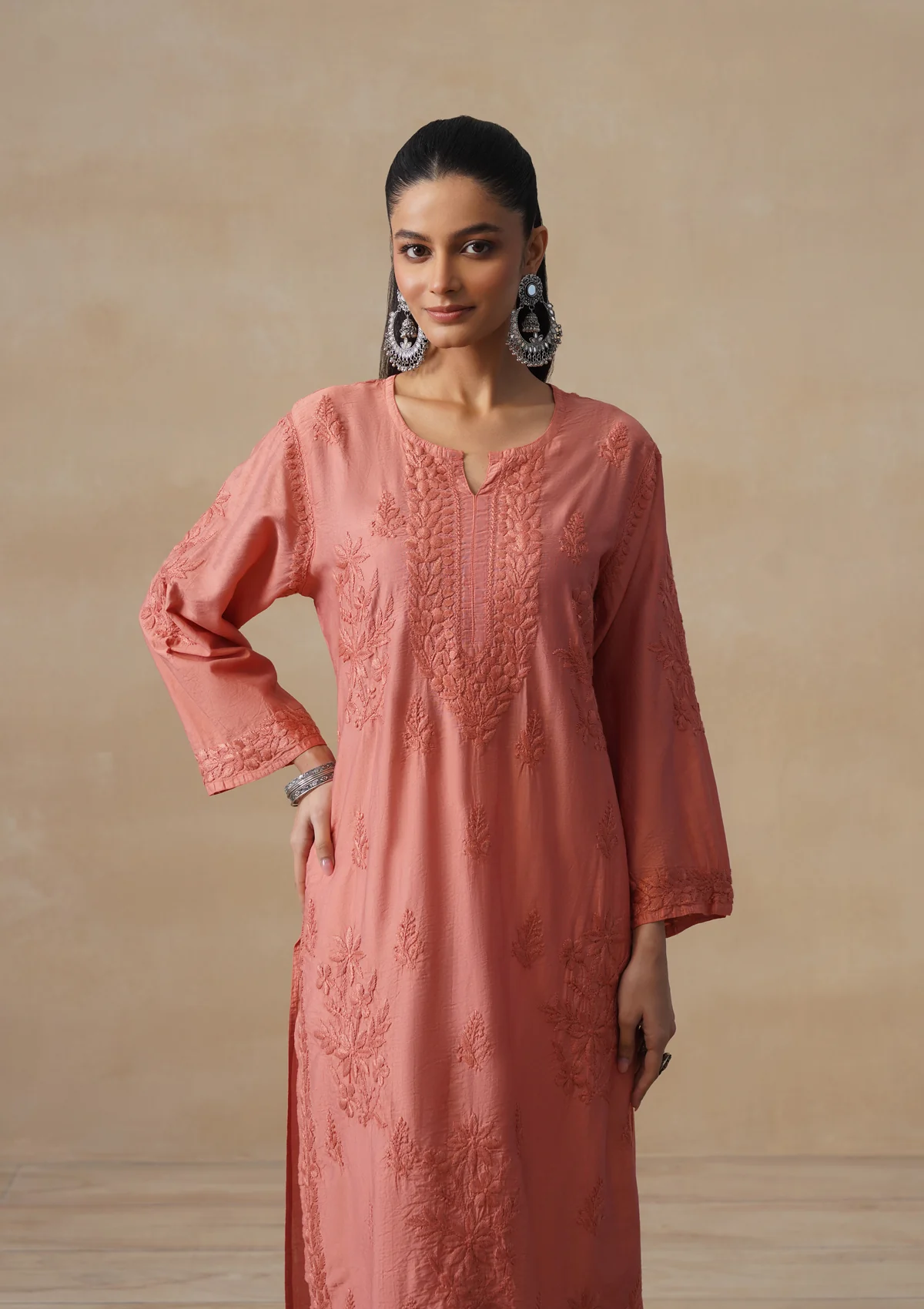 HOC Chanderi Chikankari Solid Women's Long Kurta - Dust Pink - Image 5