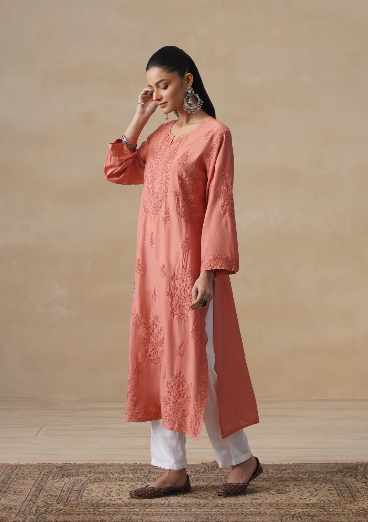 HOC Chanderi Chikankari Solid Women's Long Kurta - Dust Pink - Image 7