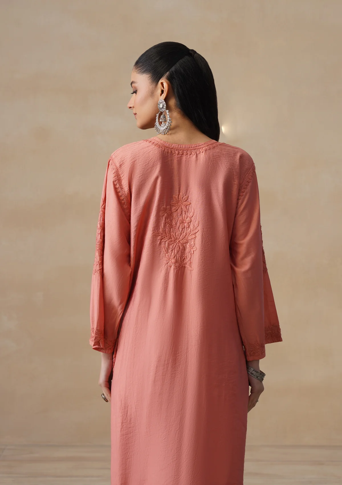 HOC Chanderi Chikankari Solid Women's Long Kurta - Dust Pink - Image 8
