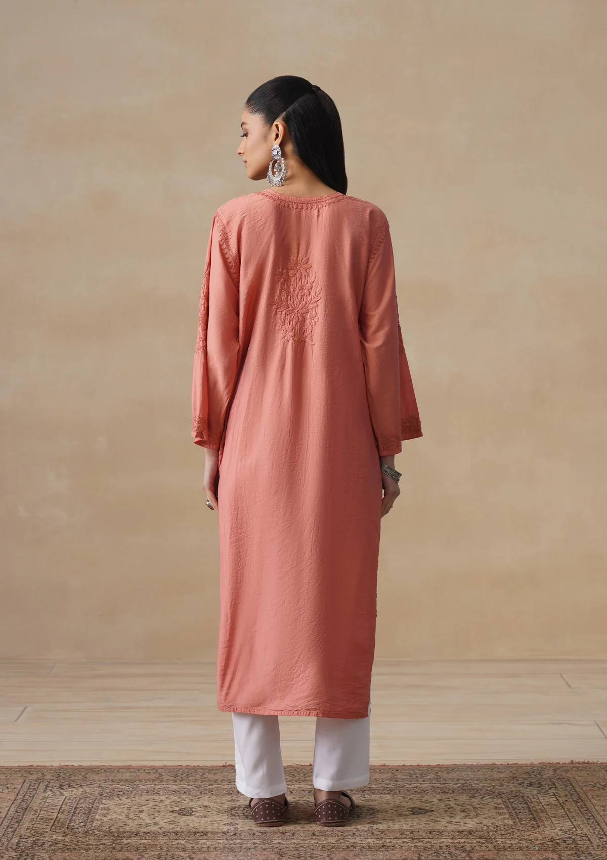 HOC Chanderi Chikankari Solid Women's Long Kurta - Dust Pink - Image 9