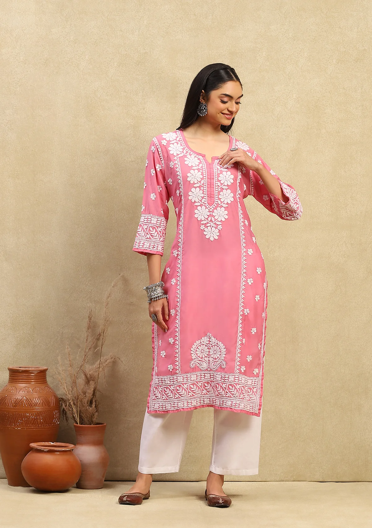 HOC Chanderi Chikankari Solid Women's Long Kurta - Pink - Image 3