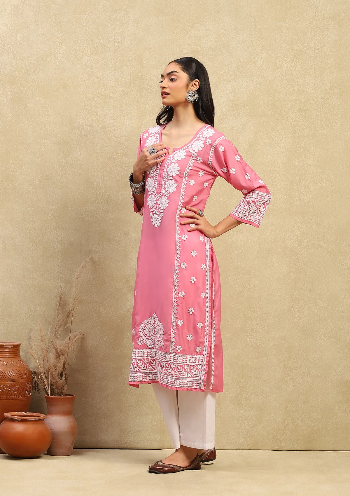 HOC Chanderi Chikankari Solid Women's Long Kurta - Pink - Image 4