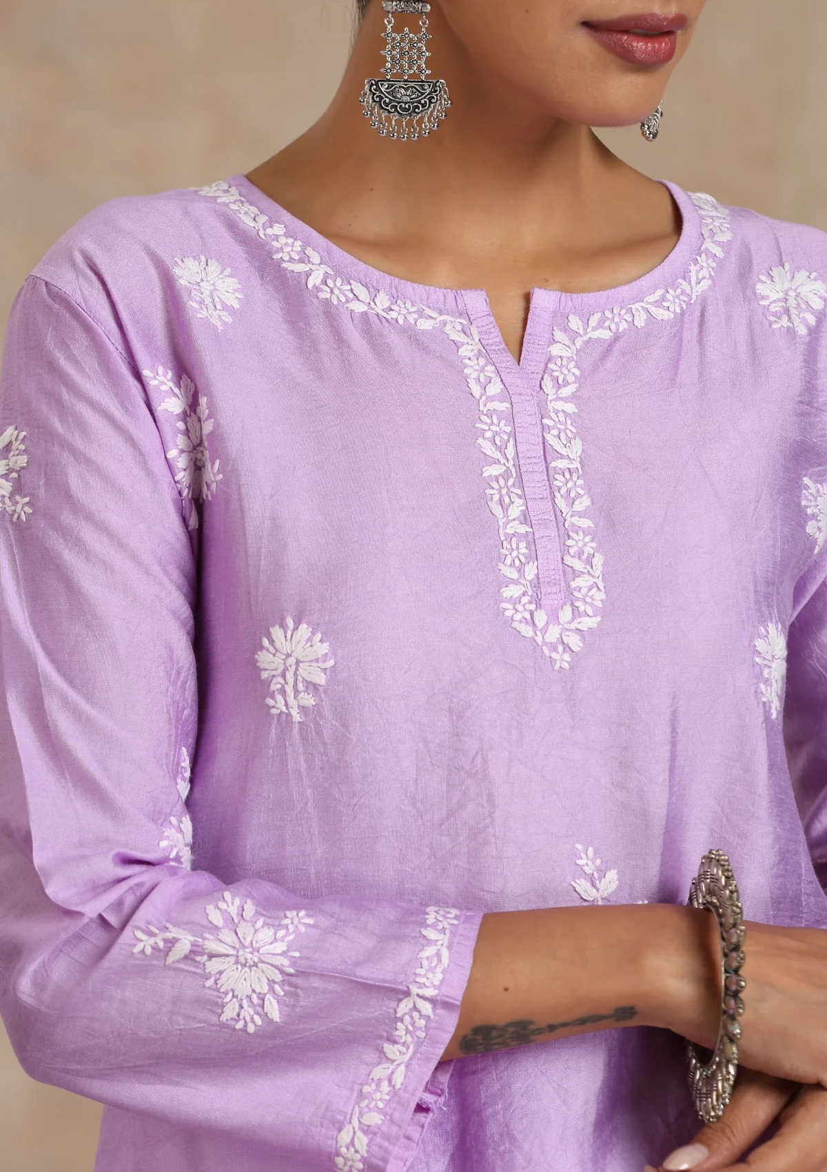 Chanderi Chikankari Solid Women's Long Kurta - Purple - Image 3