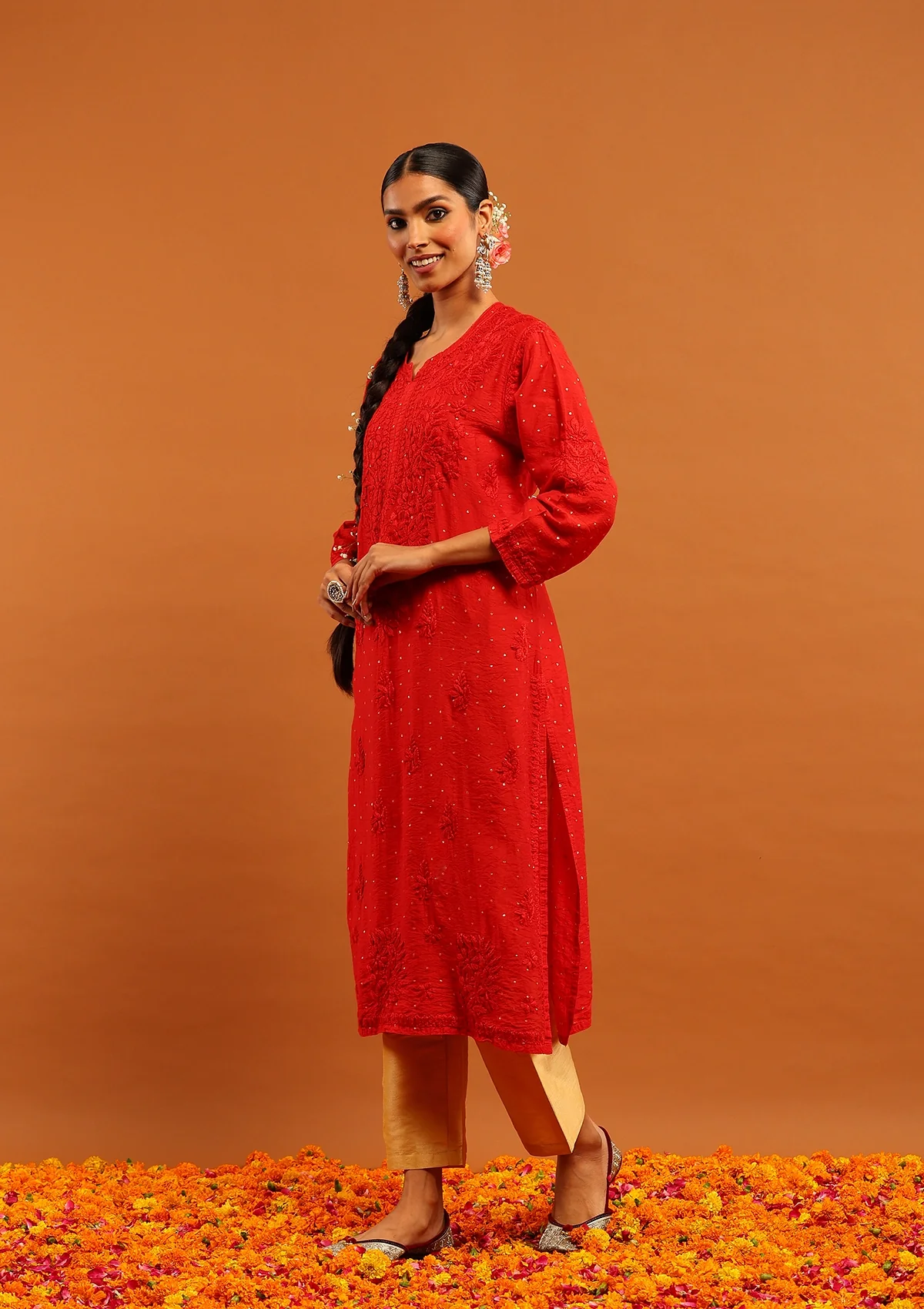 HOC Banarasi Chanderi Chikankari Solid Women's Long Kurta-Red - Image 3
