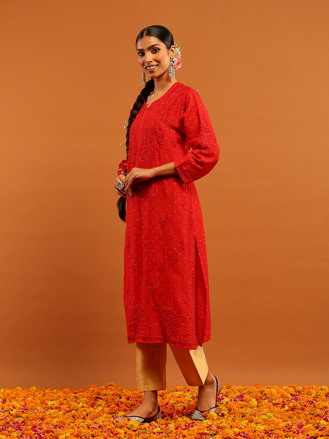 HOC Banarasi Chanderi Chikankari Solid Women's Long Kurta-Red - Image 4