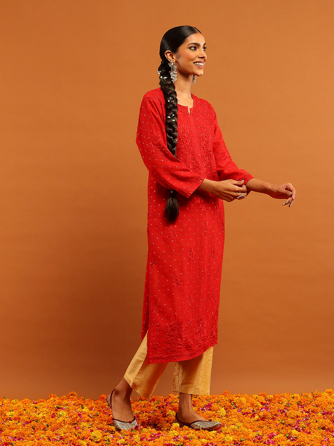 HOC Banarasi Chanderi Chikankari Solid Women's Long Kurta-Red - Image 5
