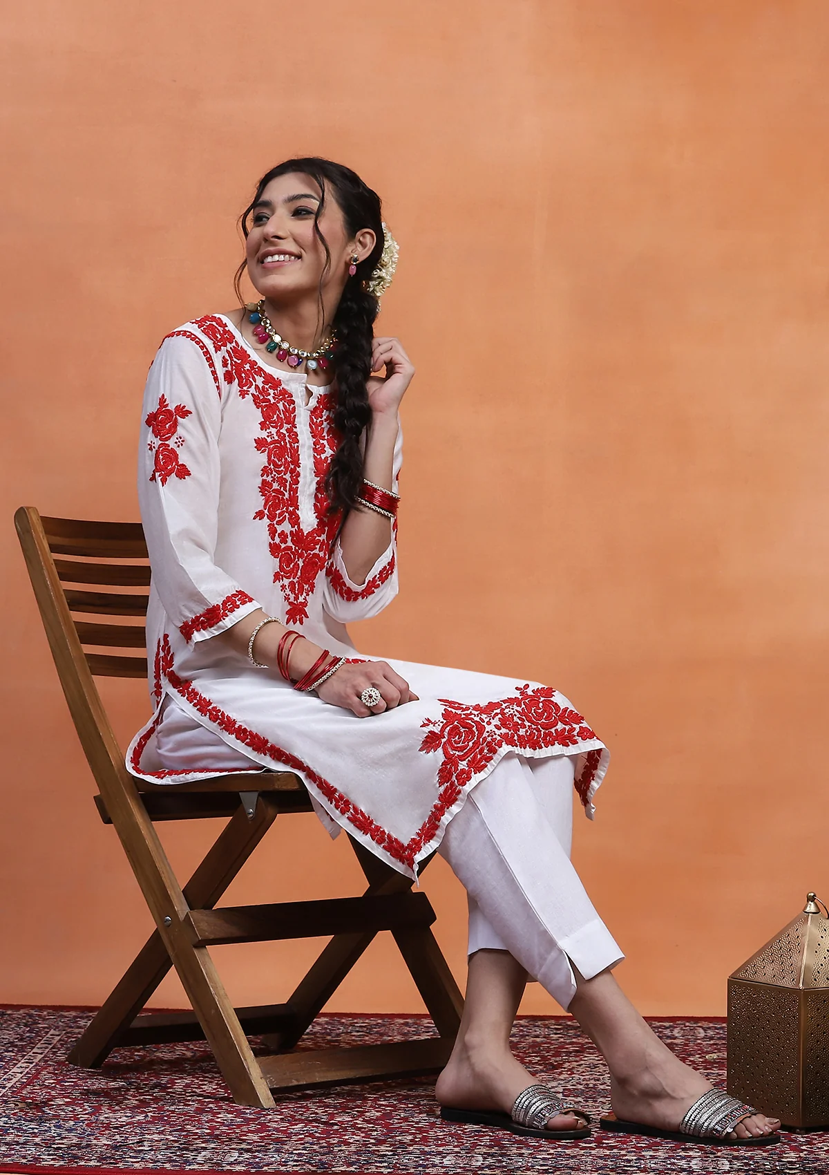 HOC Chanderi Chikankari Solid Women's Long Kurta  - White - Image 5