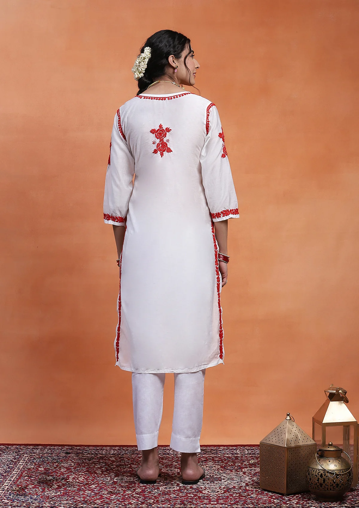 HOC Chanderi Chikankari Solid Women's Long Kurta  - White - Image 6