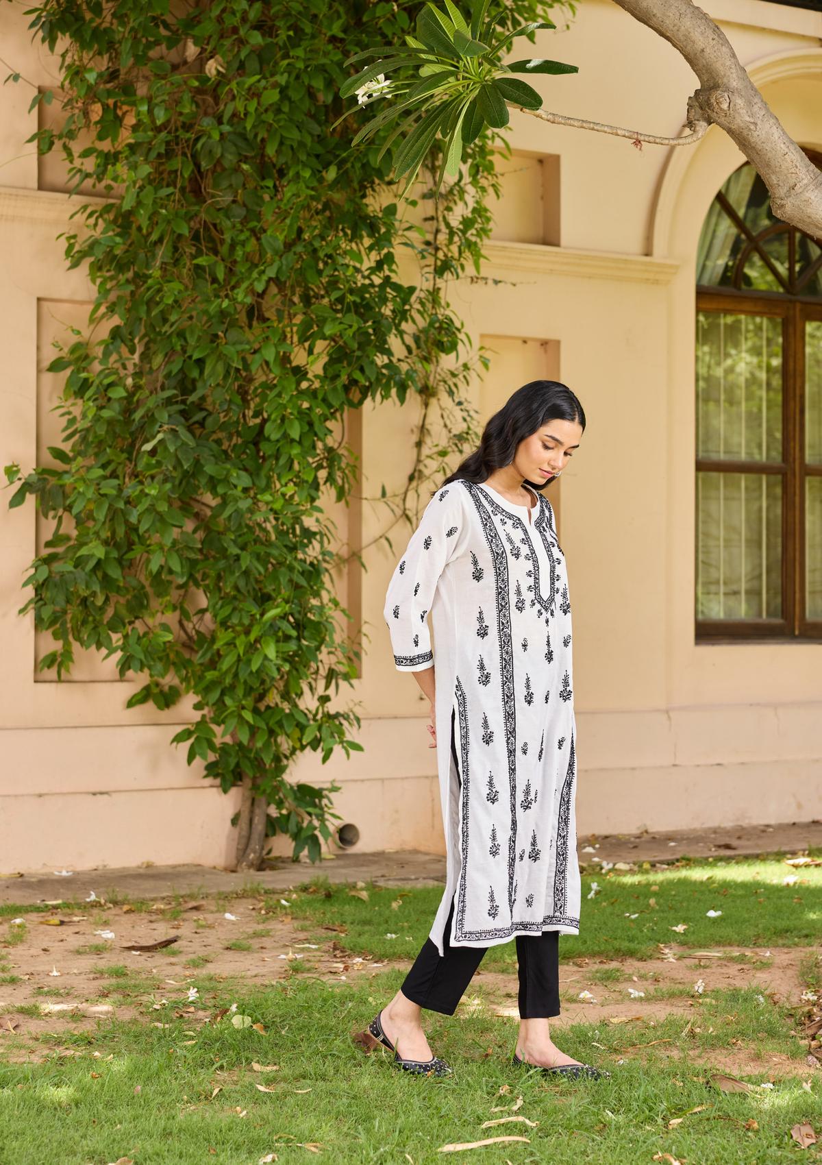 HOC Chanderi Chikankari Solid Women's Long Kurta - White - Image 3