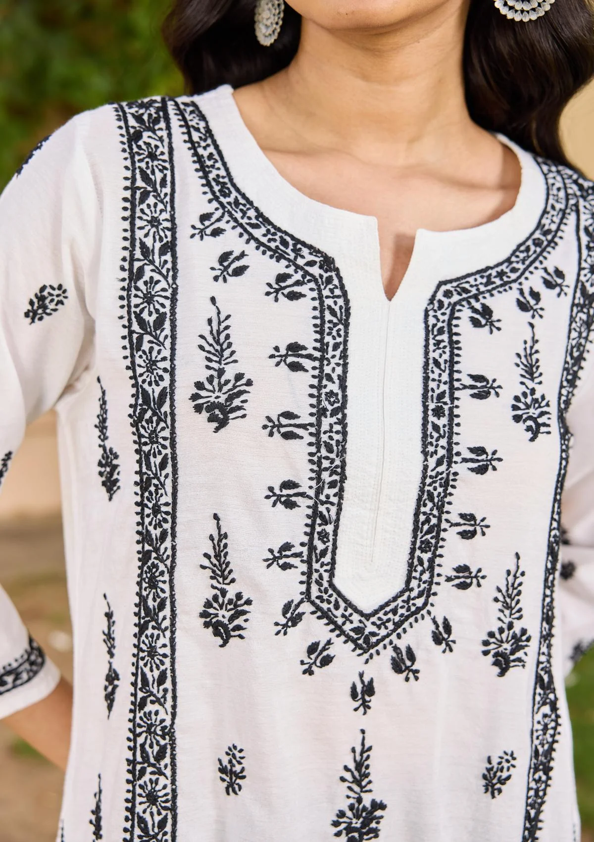 HOC Chanderi Chikankari Solid Women's Long Kurta - White - Image 4