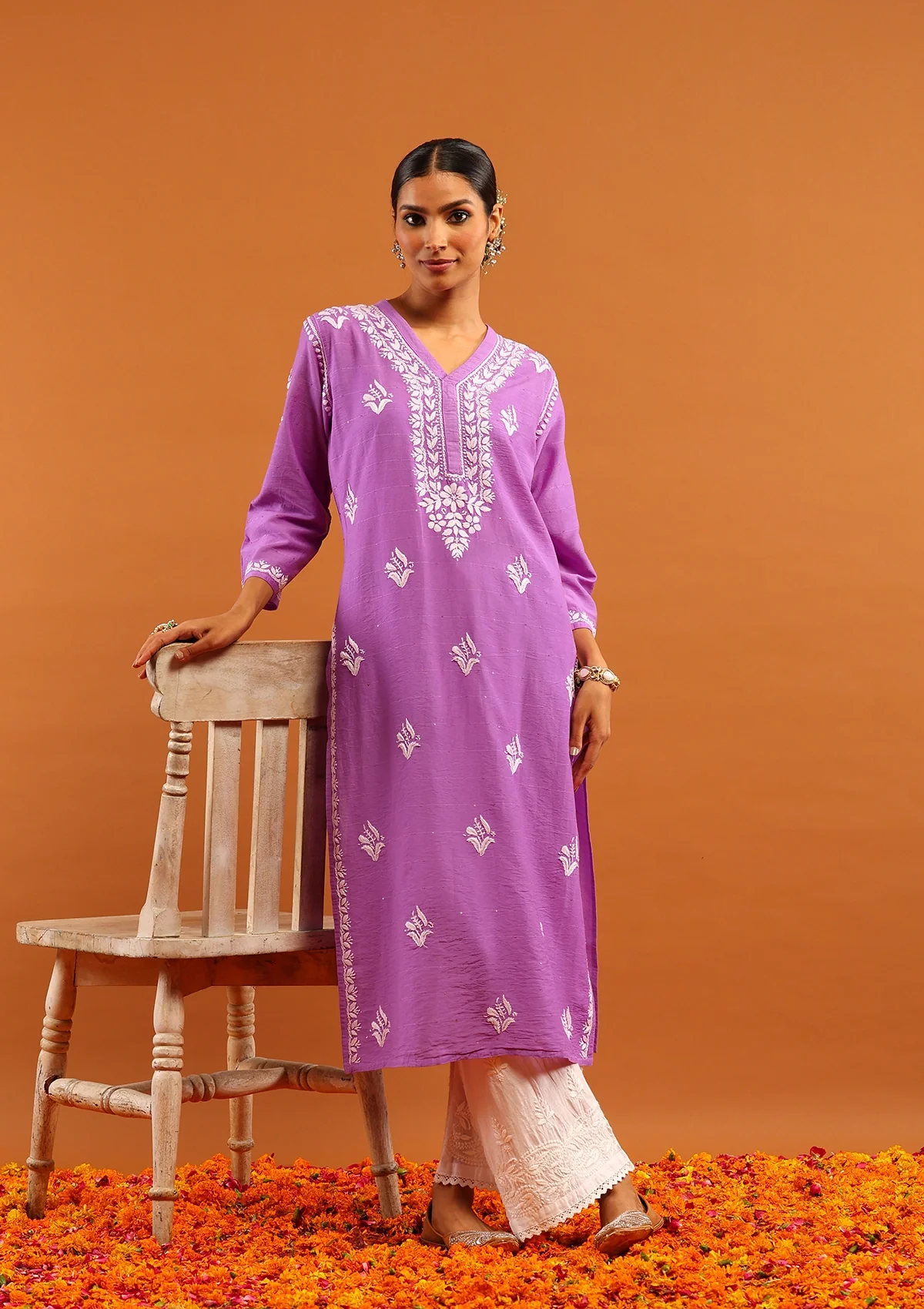 HOC Chanderi Chikankari With Sequins Solid Women's Long Kurta -Lavender - Image 3