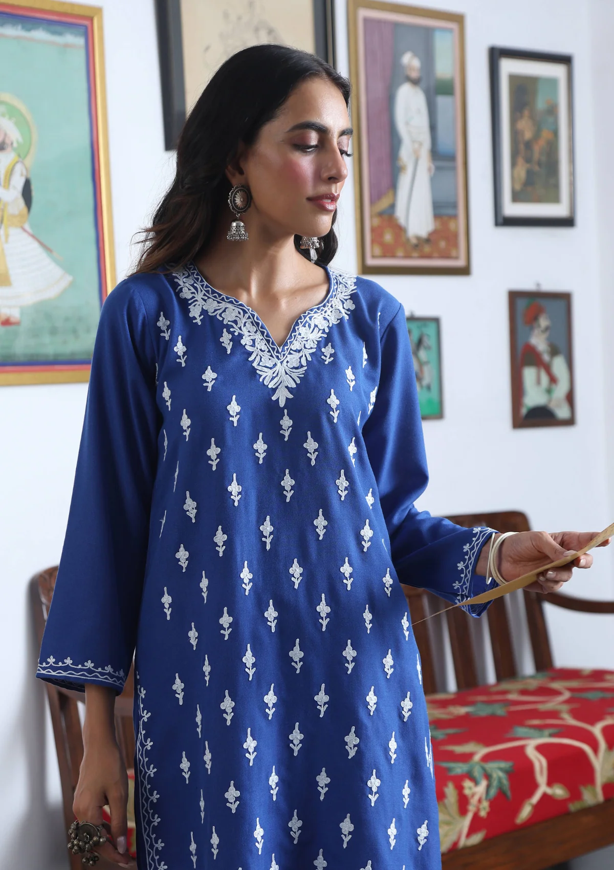 HOC Aari Embroidered Cotton Solid Women's Long Kurta - Blue - Image 2