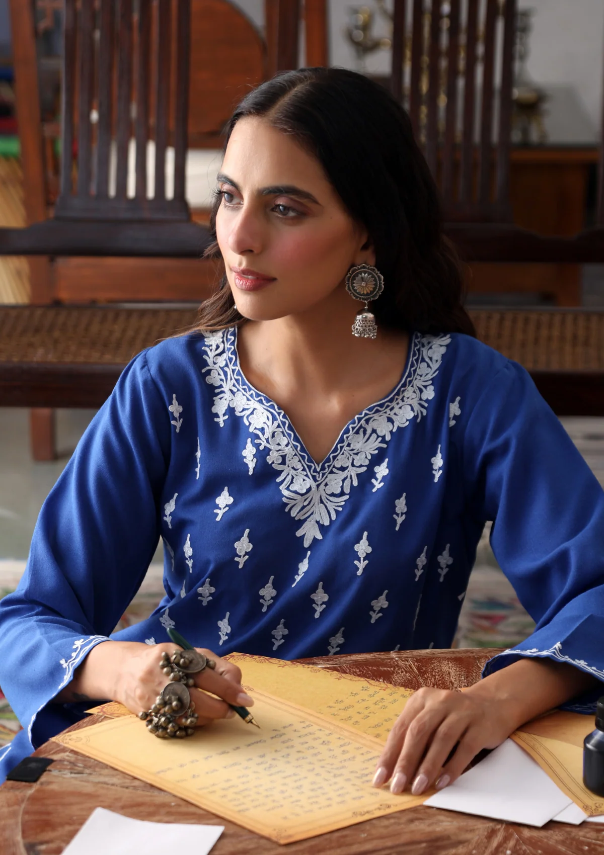 HOC Aari Embroidered Cotton Solid Women's Long Kurta - Blue - Image 3