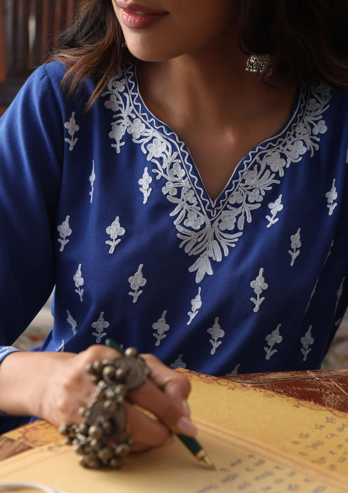 HOC Aari Embroidered Cotton Solid Women's Long Kurta - Blue - Image 5