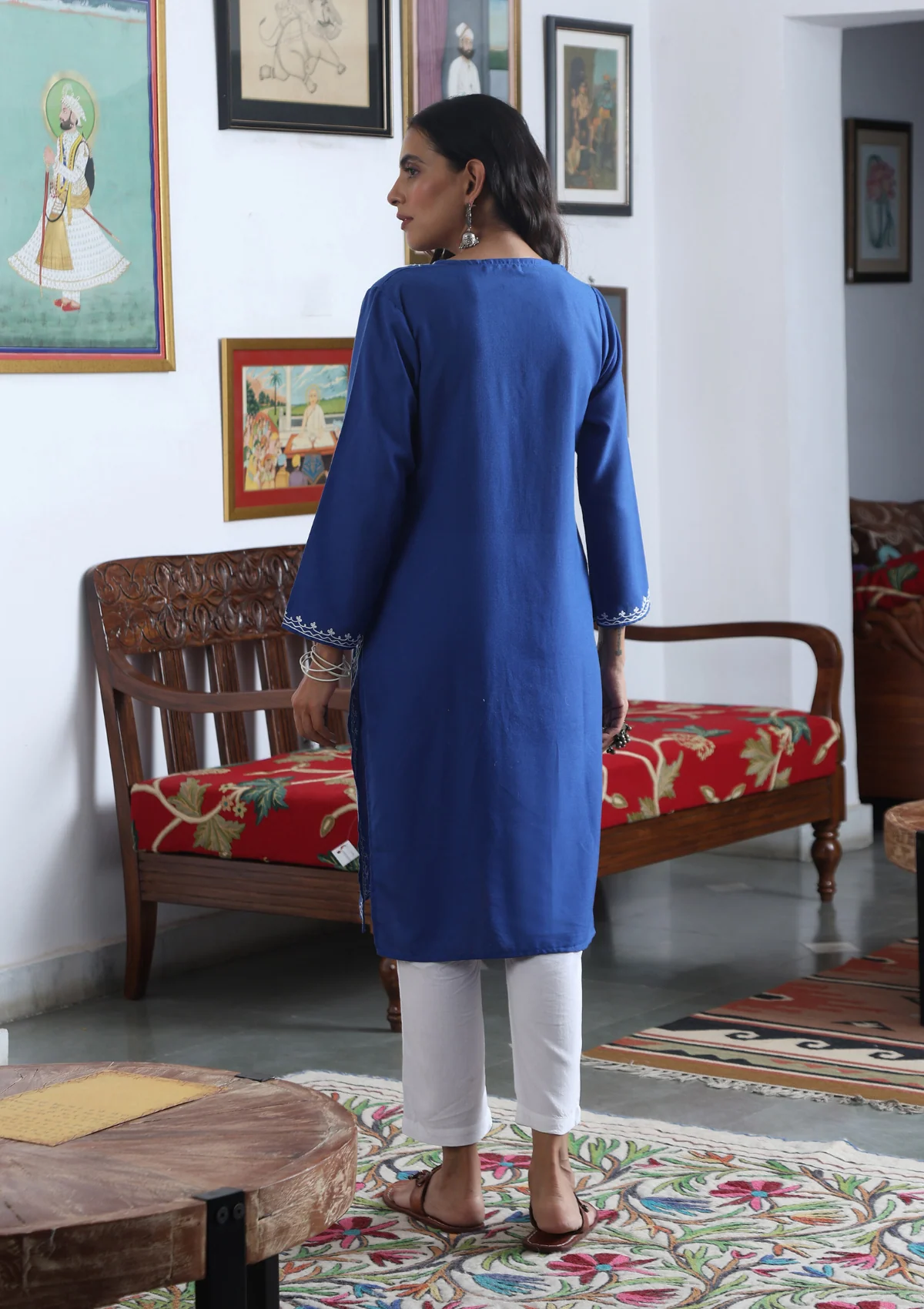 HOC Aari Embroidered Cotton Solid Women's Long Kurta - Blue - Image 7