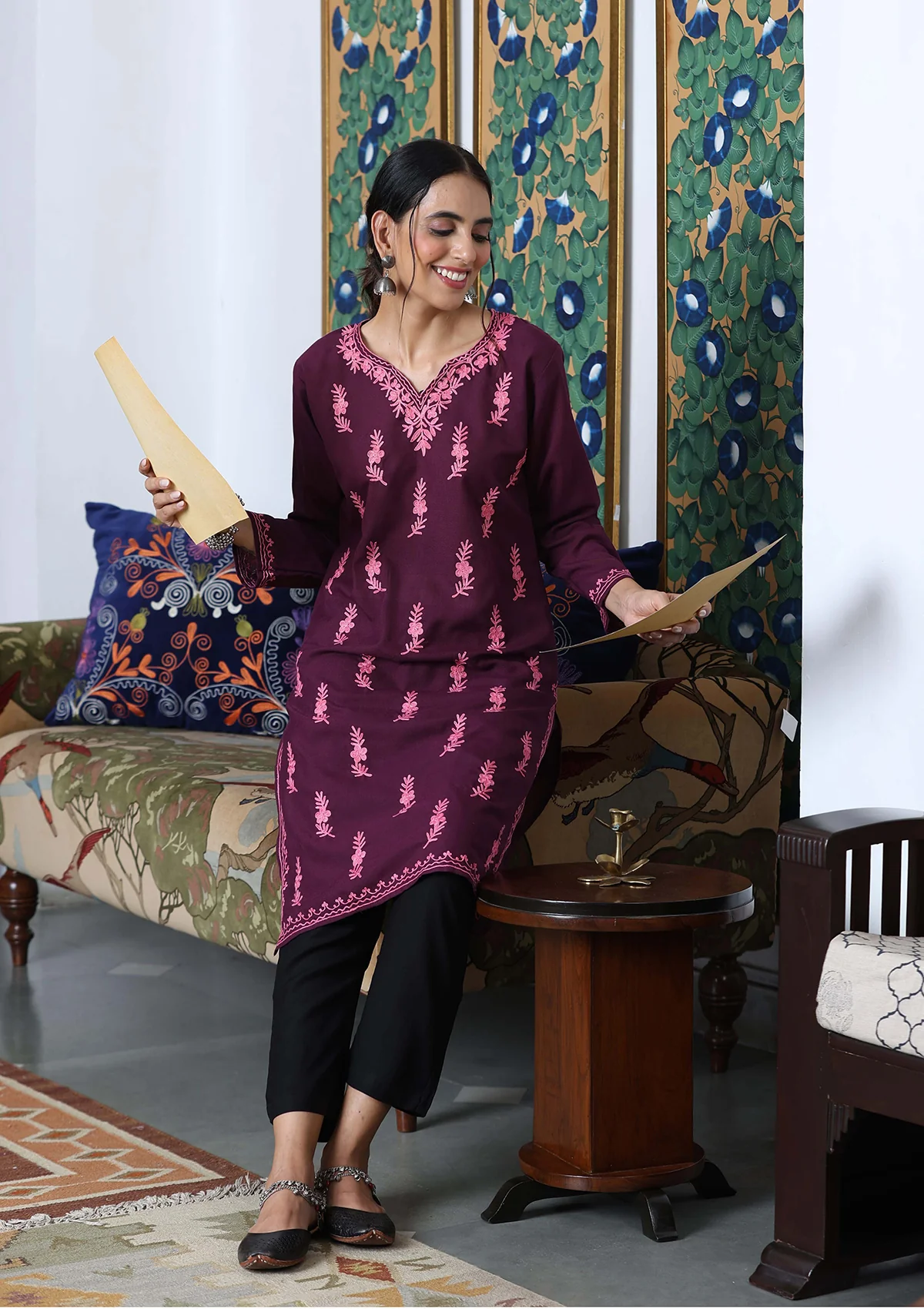 HOC Aari Embroidered Cotton Solid Women's Long Kurta - Dark Purple - Image 3