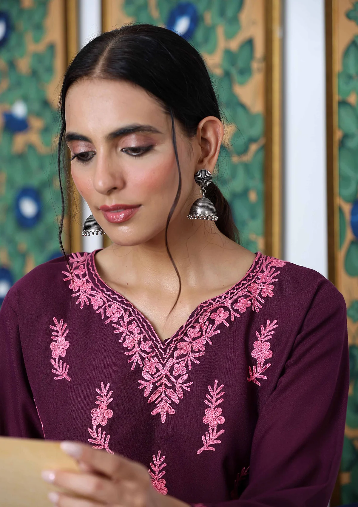 HOC Aari Embroidered Cotton Solid Women's Long Kurta - Dark Purple - Image 4
