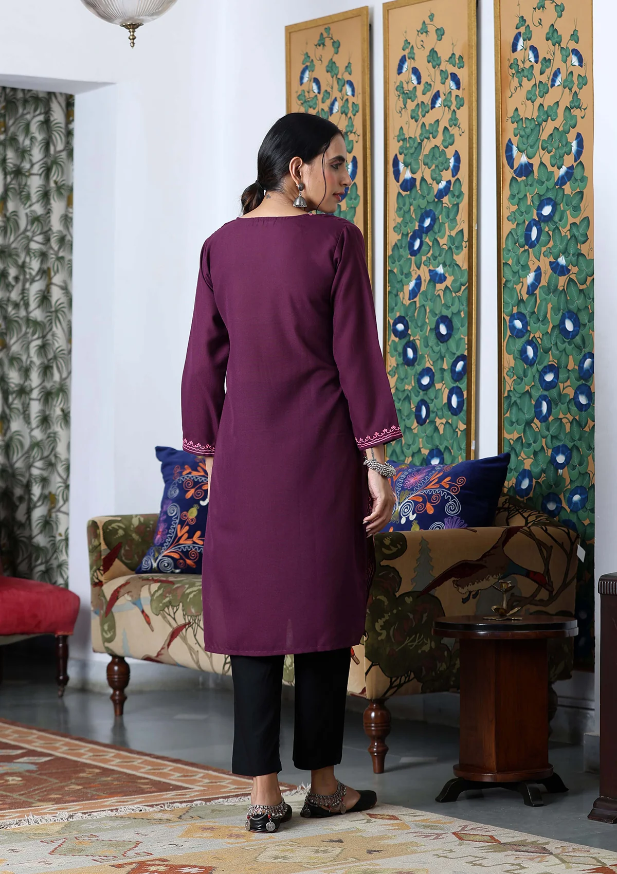 HOC Aari Embroidered Cotton Solid Women's Long Kurta - Dark Purple - Image 7