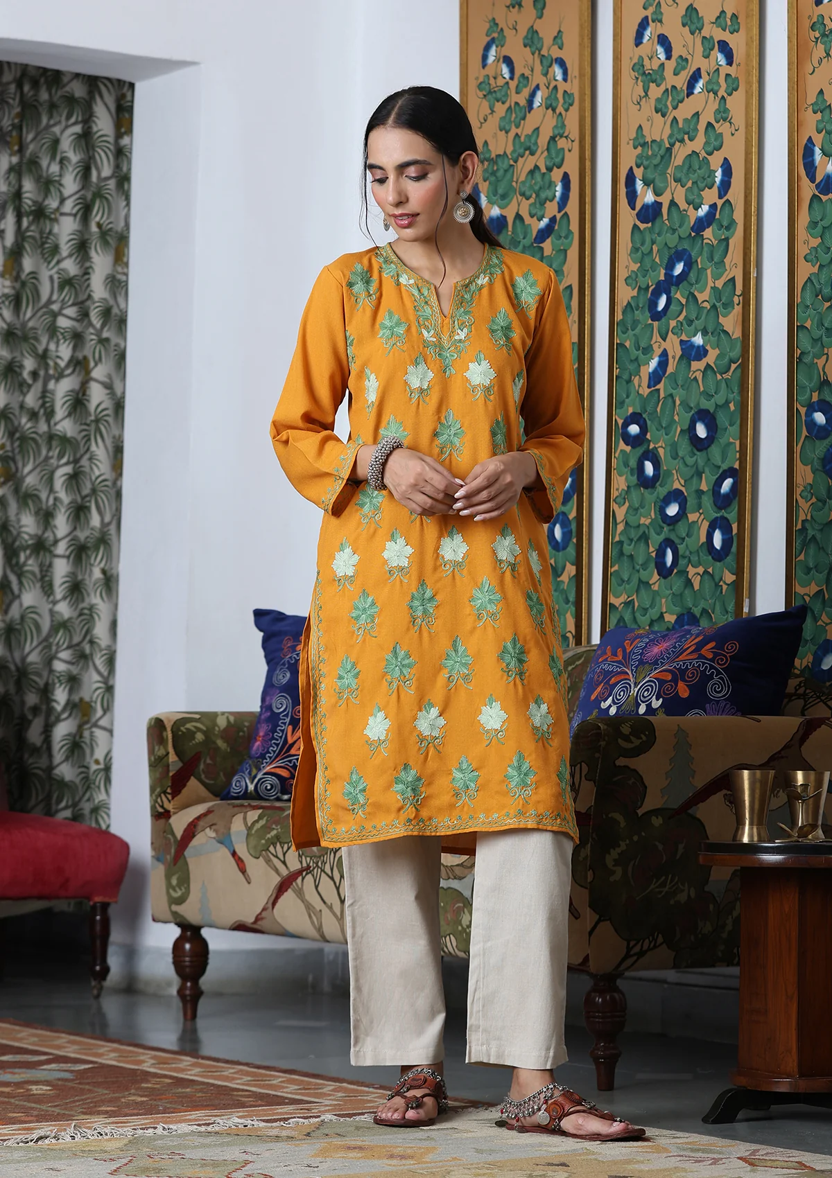 HOC Aari Embroidered Cotton Solid Women's Long Kurta - Yellow