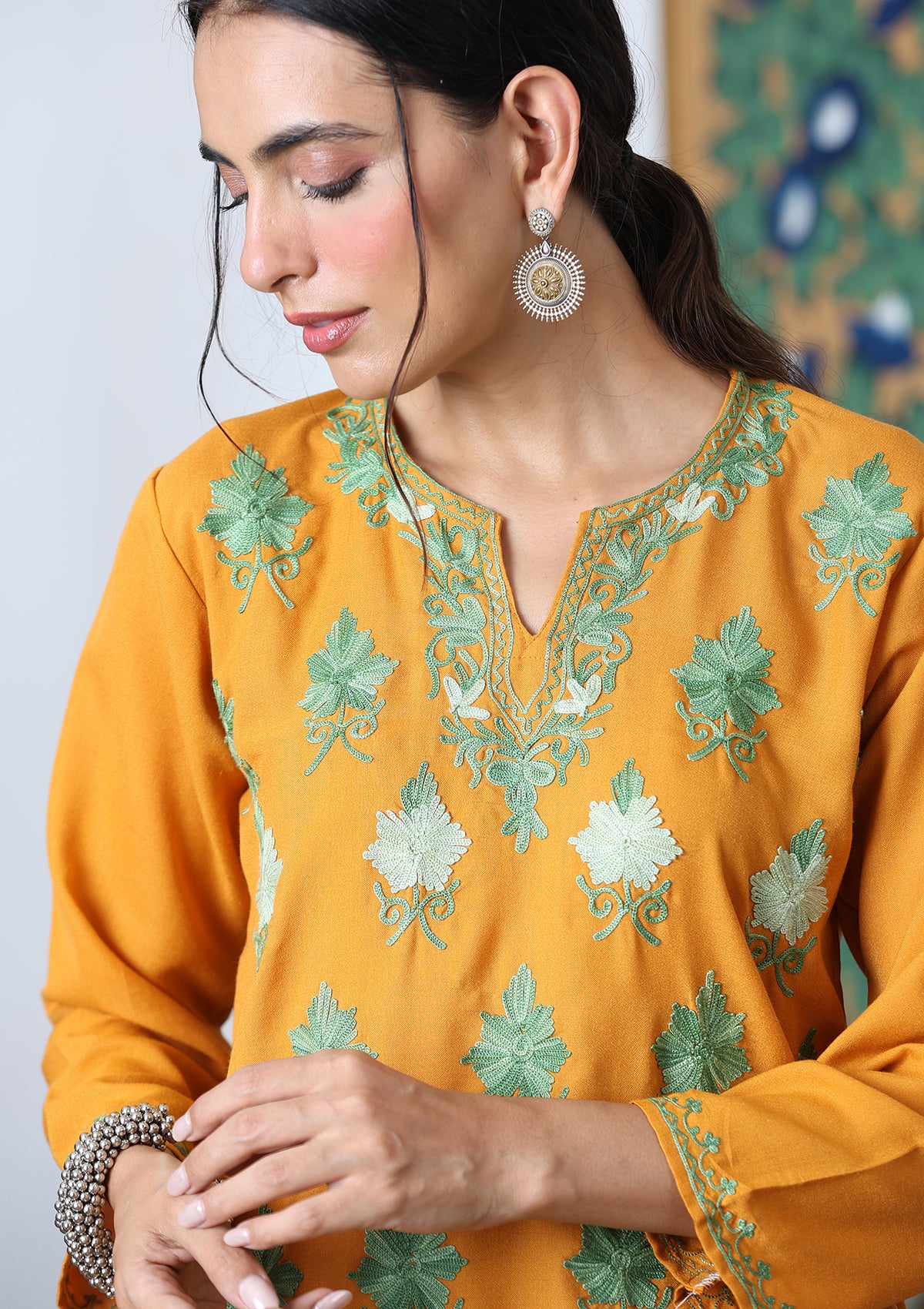 HOC Aari Embroidered Cotton Solid Women's Long Kurta - Yellow - Image 2