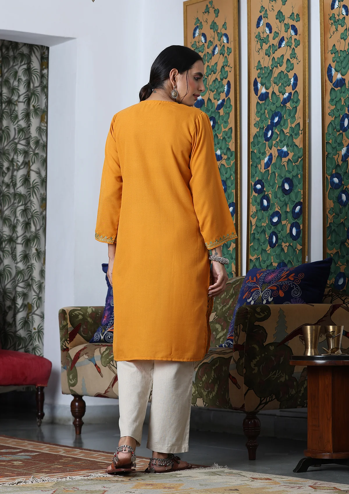 HOC Aari Embroidered Cotton Solid Women's Long Kurta - Yellow - Image 7