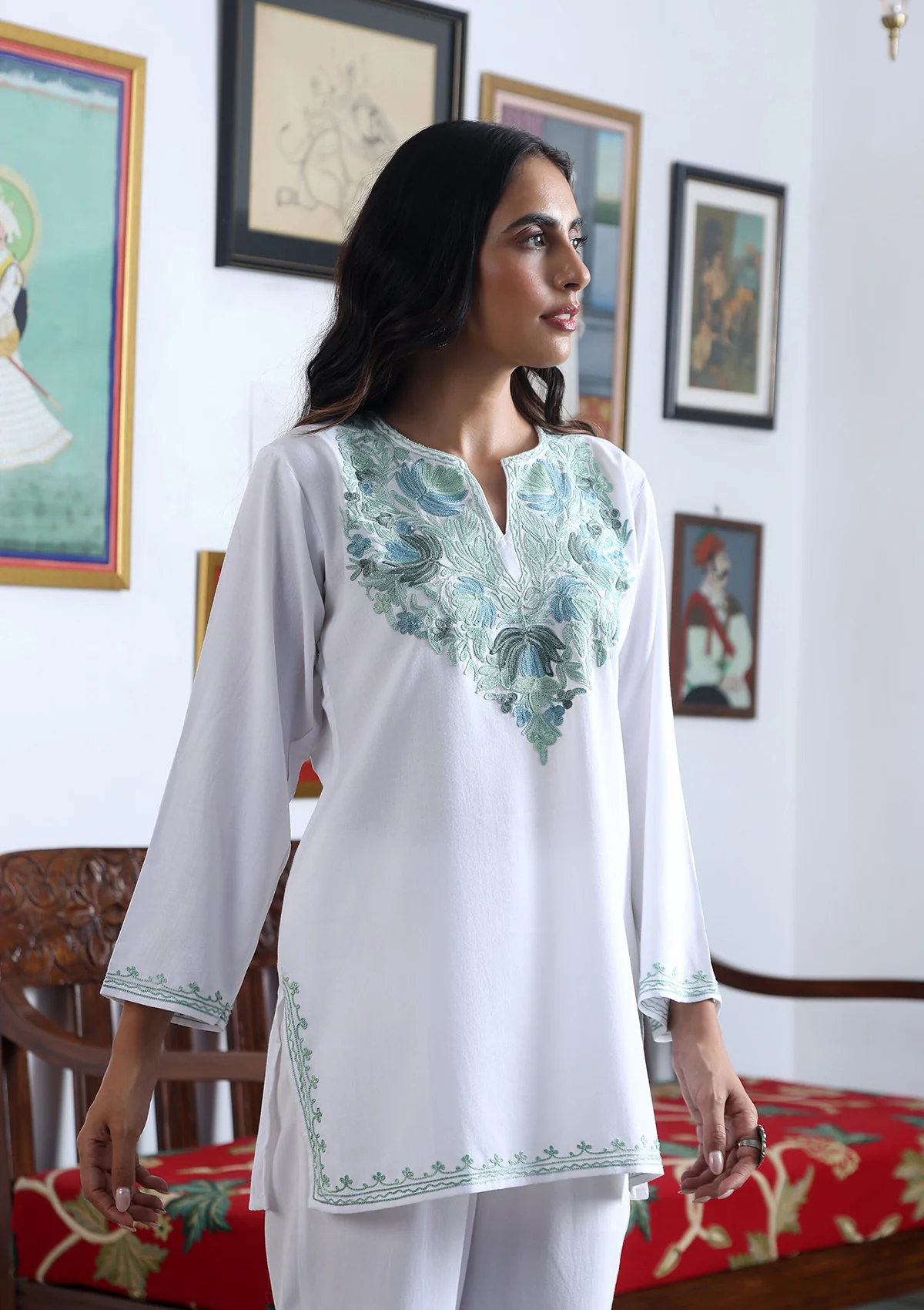 HOC Aari Embroidered Cotton Solid Women's Short Kurta - White - Image 3
