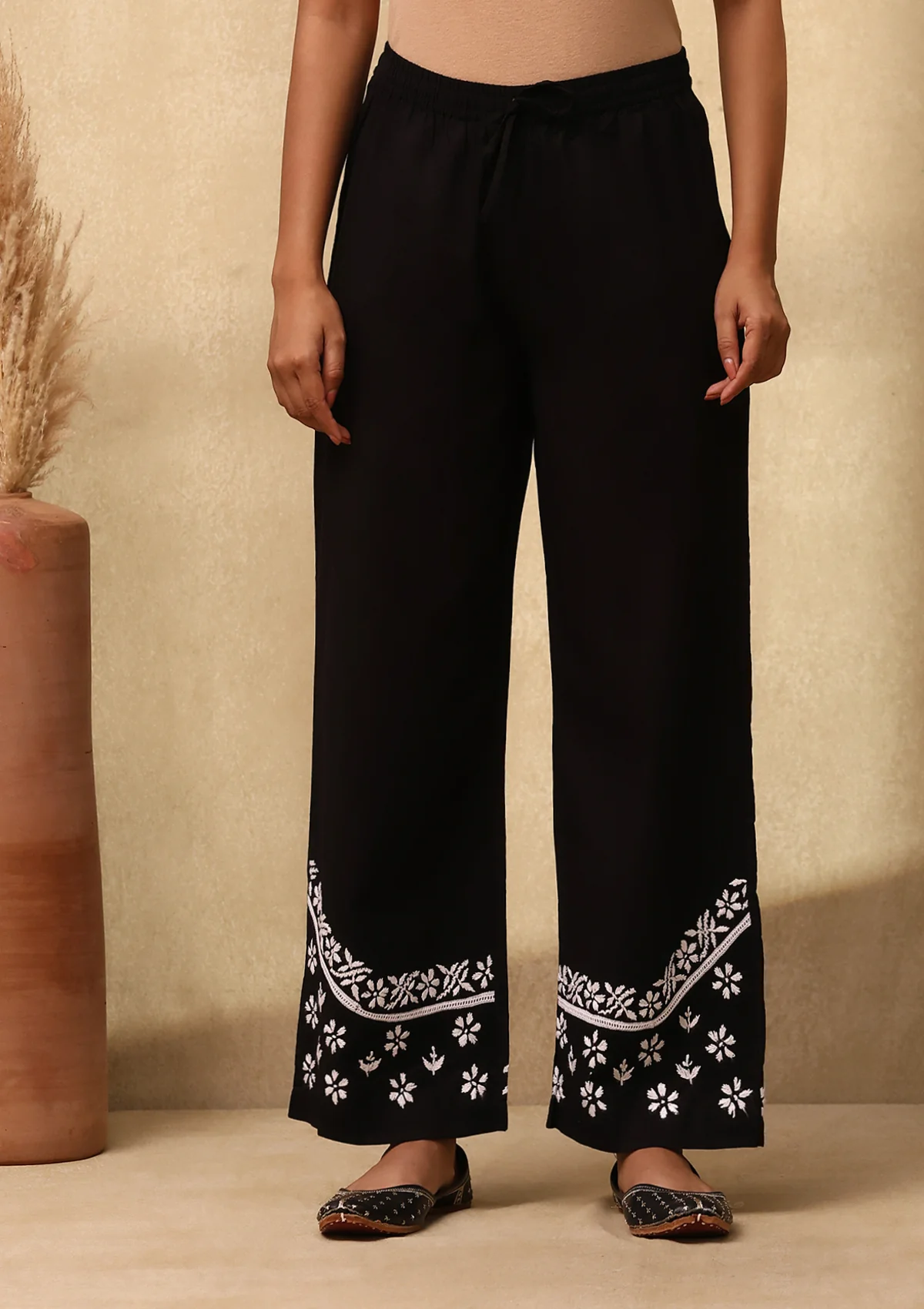 HOC Cotton Cambric Chikankari Solid Women's Palazzo - Black