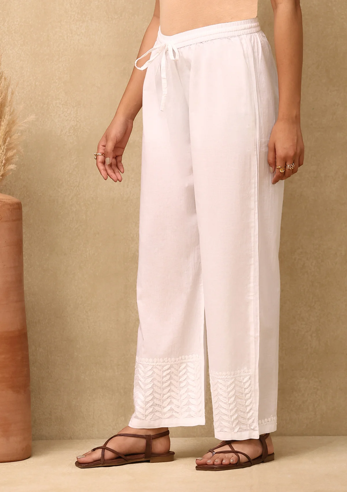 HOC Cotton Cambric Chikankari Solid Women's Palazzo - White - Image 3